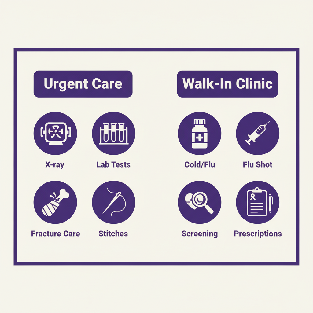 Urgent care vs walk in clinic services comparison infographic