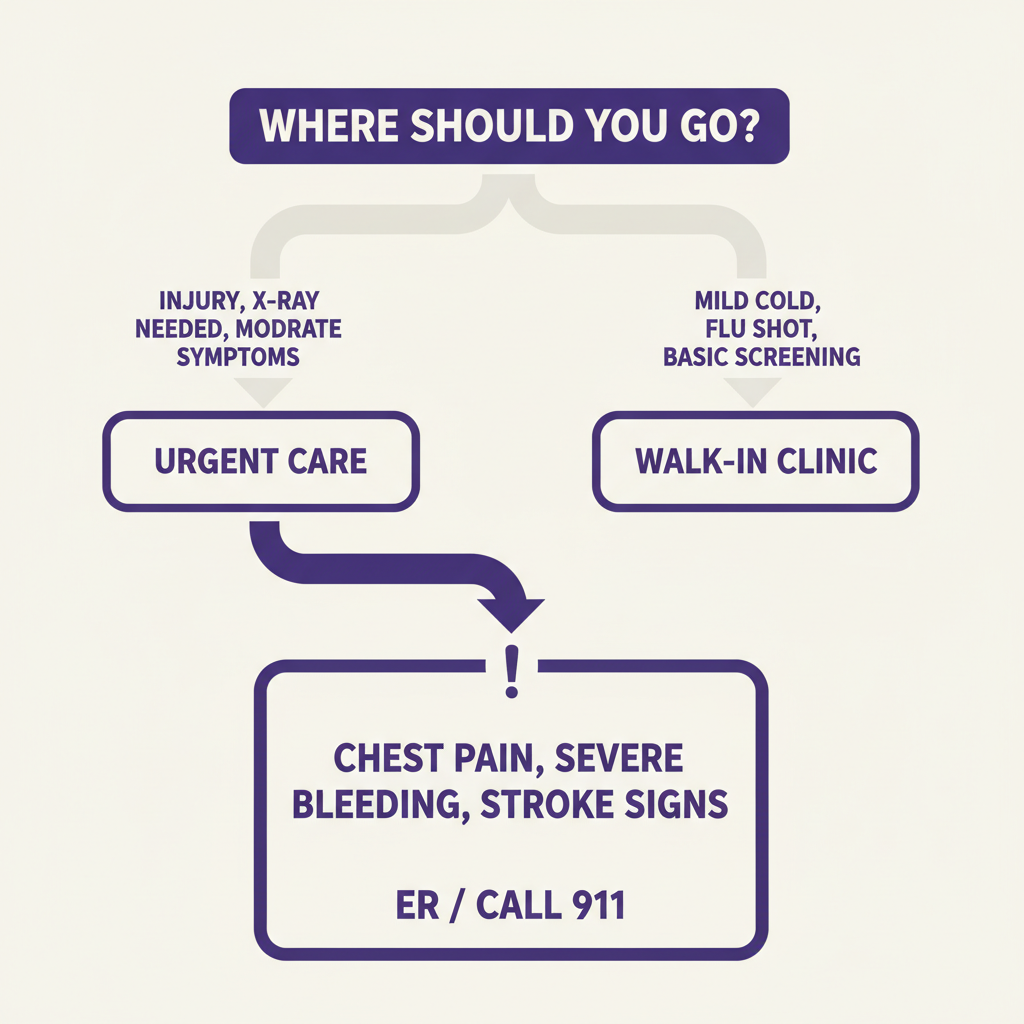 Decision guide showing when to visit urgent care versus a walk-in clinic