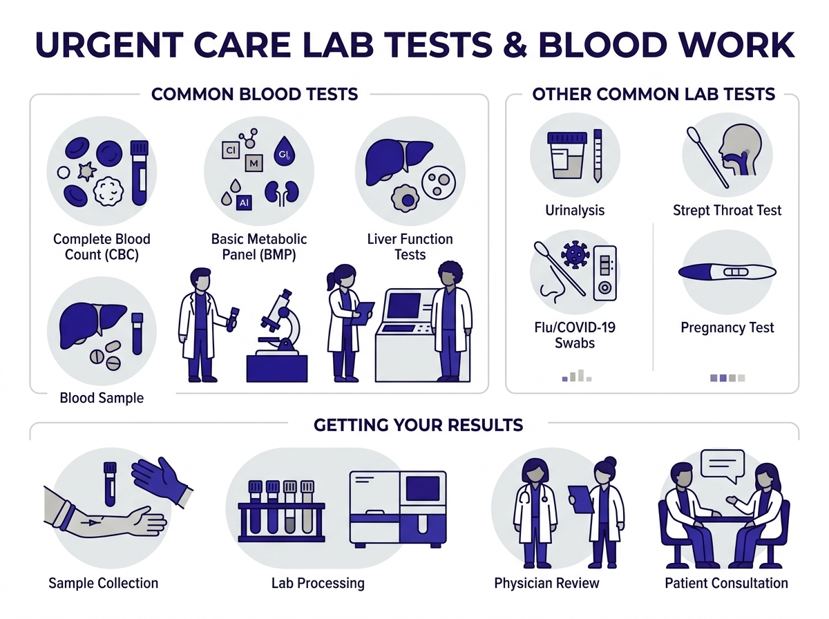 Common blood tests urgent care can run — CBC, metabolic panel, lipid panel, A1C, STI, thyroid