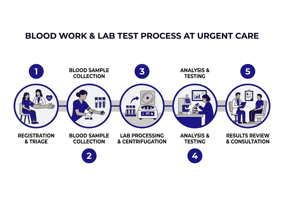Blood work turnaround times at urgent care — rapid tests 10-15 min, in-house 30-60 min, external lab 1-3 days