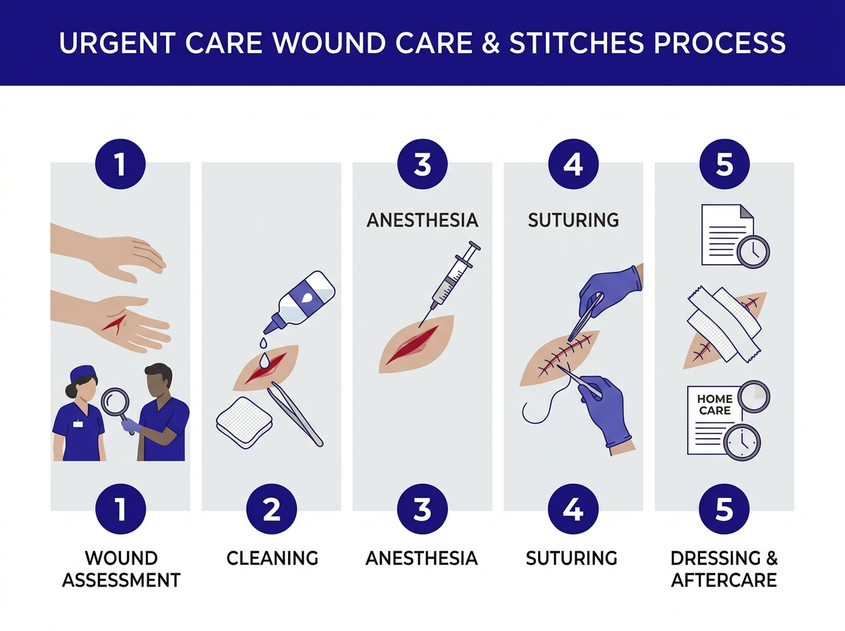 Wound closure options at urgent care — sutures, dermabond tissue glue, steri-strips, staples