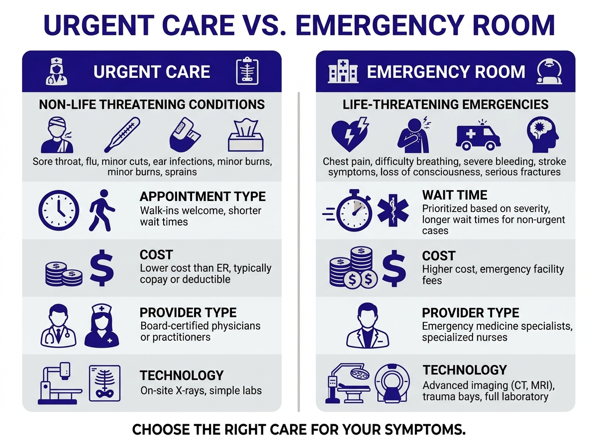 Infographic comparing the difference between urgent care and emergency room services