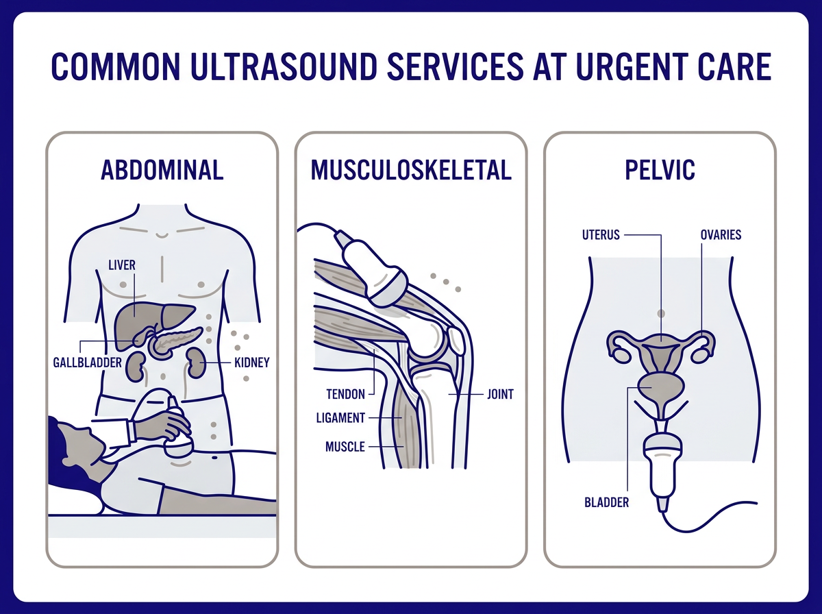 Types of ultrasounds that urgent care does including abdominal and musculoskeletal