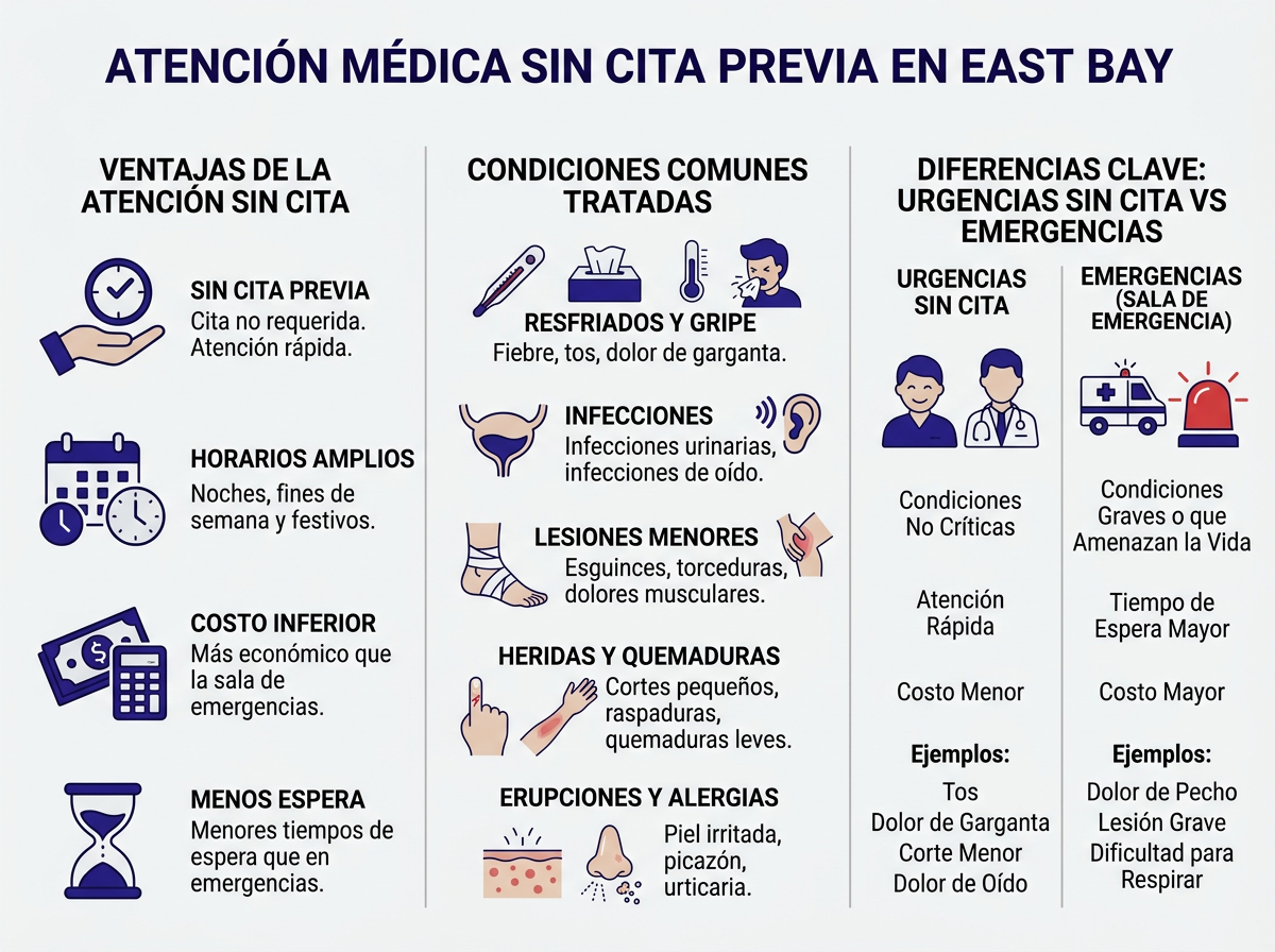Comparación: doctor sin cita previa vs sala de emergencias — tiempo de espera y costo