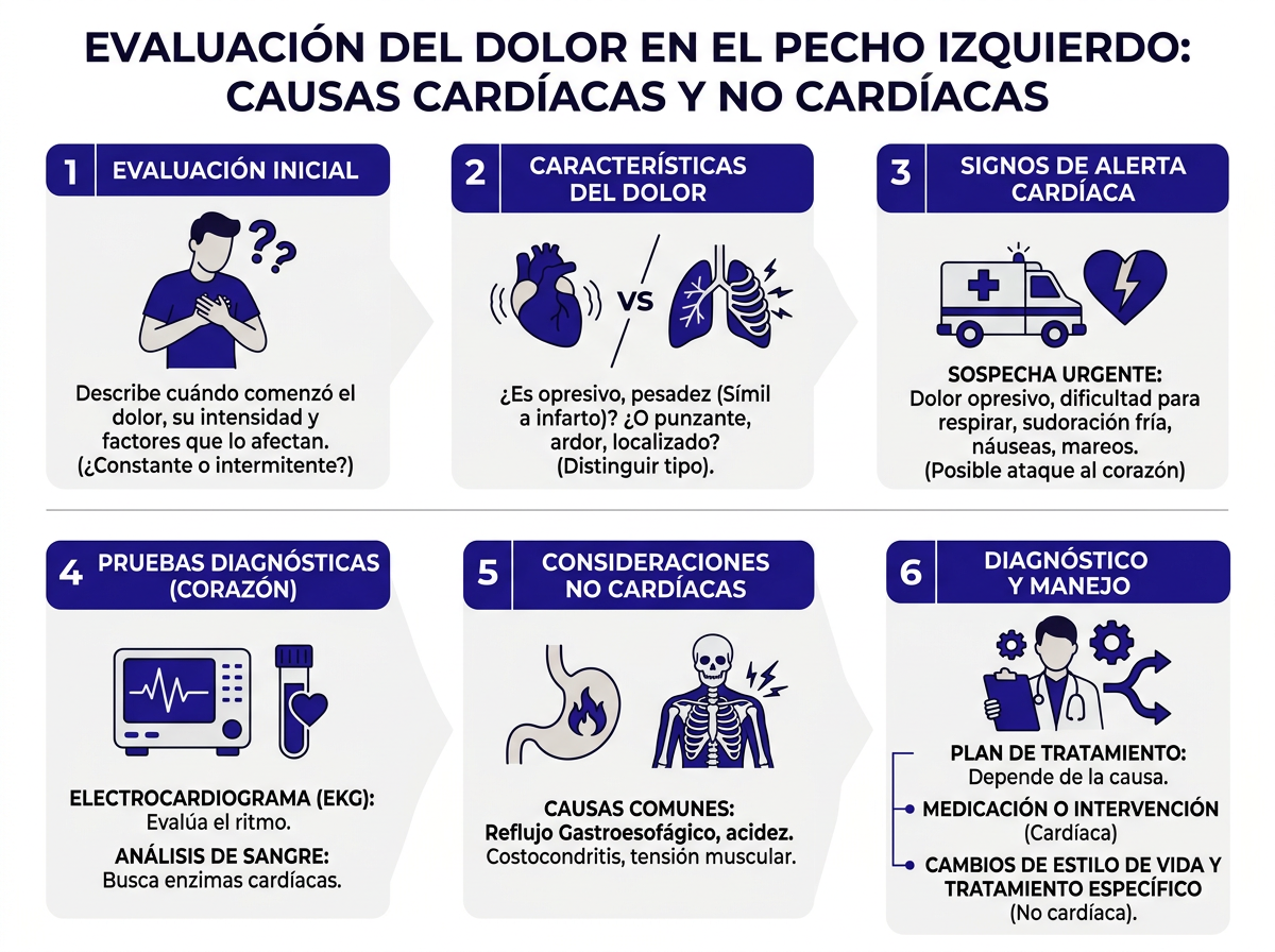 Proceso diagnóstico dolor pecho: EKG análisis de sangre radiografía examen físico