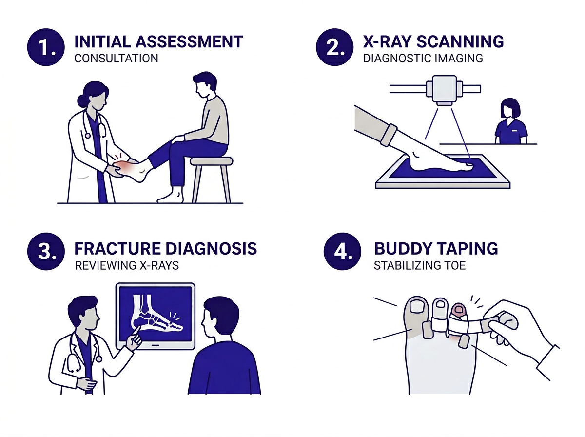 Broken toe treatment steps: urgent care for broken toe includes X-ray, buddy taping, stiff shoe, and recovery plan