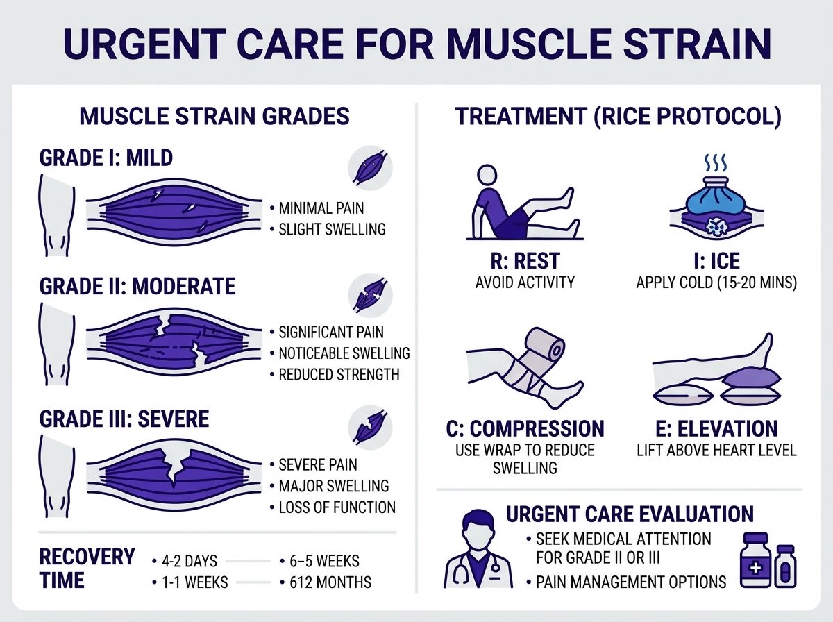 Muscle strain grades at urgent care for muscle strain: Grade 1 mild, Grade 2 moderate, Grade 3 complete rupture