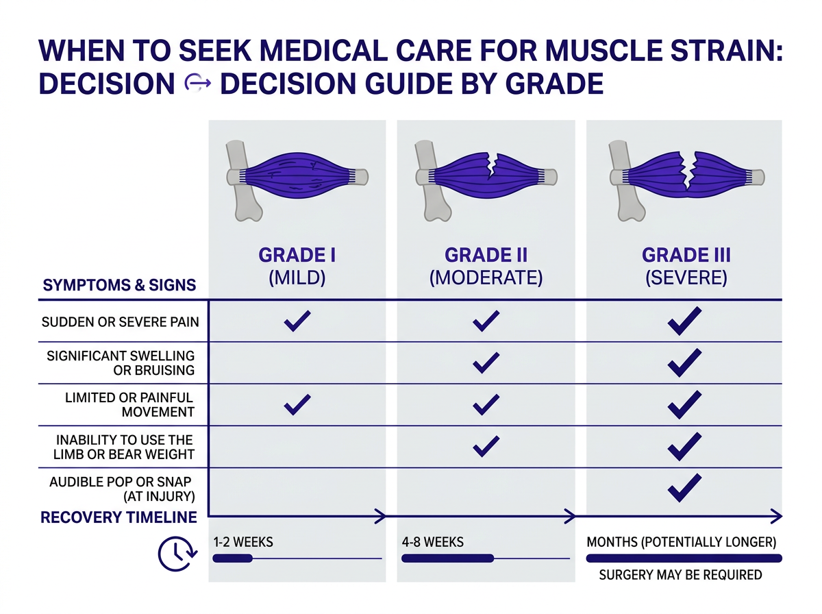 Muscle strain recovery timeline by grade — urgent care for muscle strain sets expectations for healing