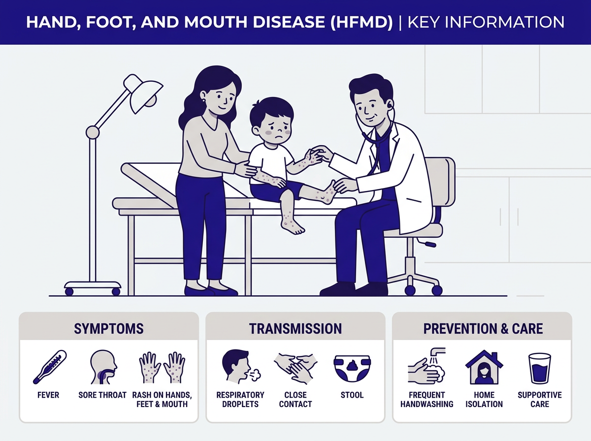 Timeline showing the three stages of child hand foot and mouth disease progression