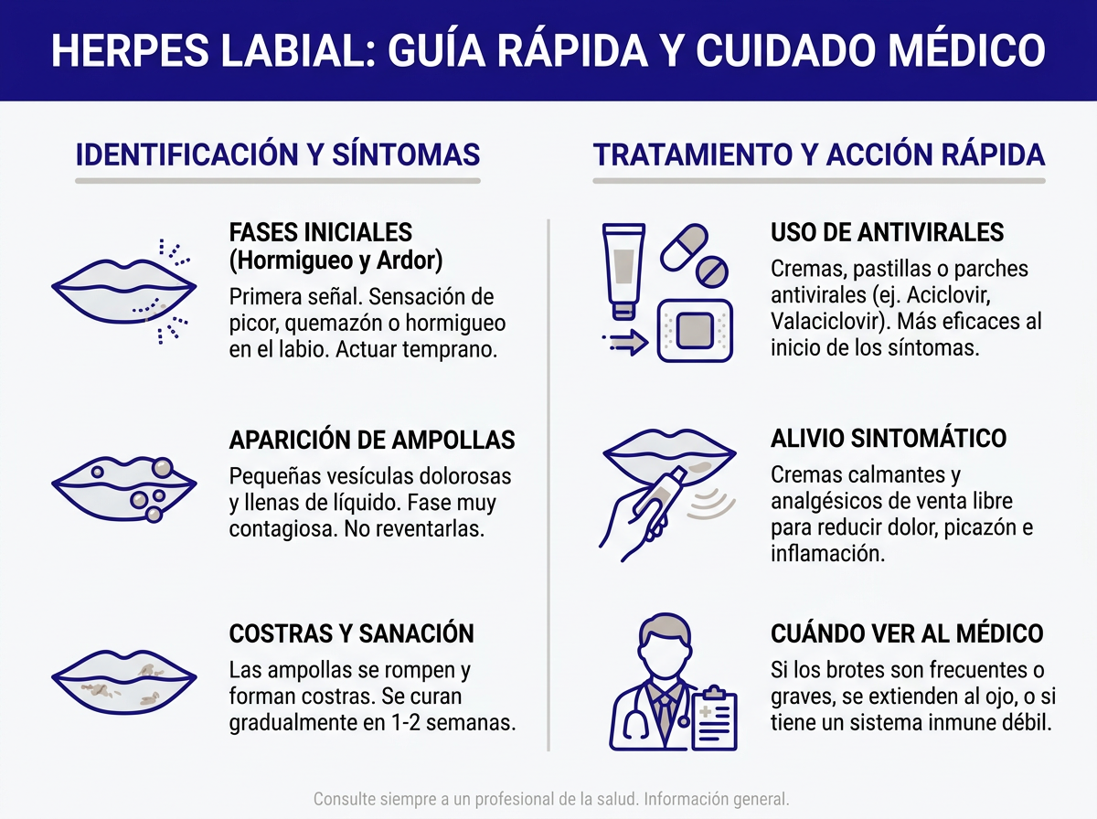 Cuatro etapas del herpes labial — diagrama del ciclo de curación