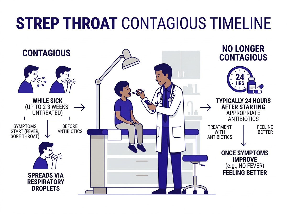 Infographic comparing how long strep is contagious with vs without antibiotics