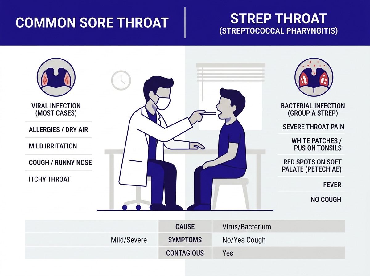 Strep throat vs sore throat comparison chart showing key symptom differences