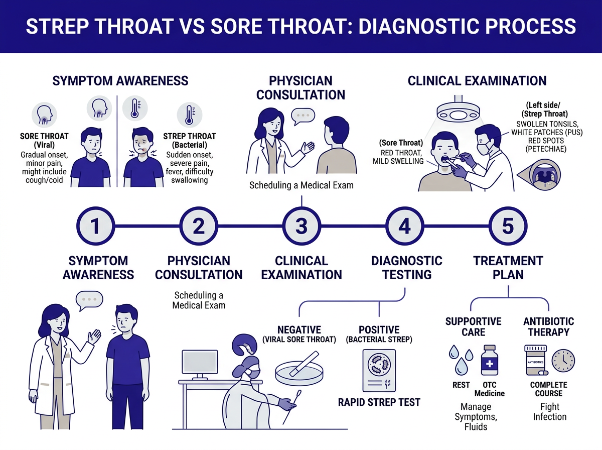 Timeline showing treatment differences between strep throat antibiotics vs viral sore throat recovery
