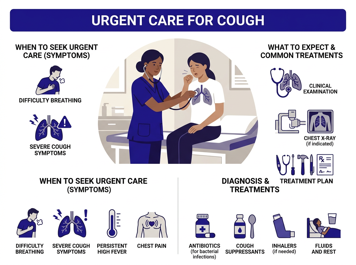 Comparison chart showing when a cough needs urgent care vs home care