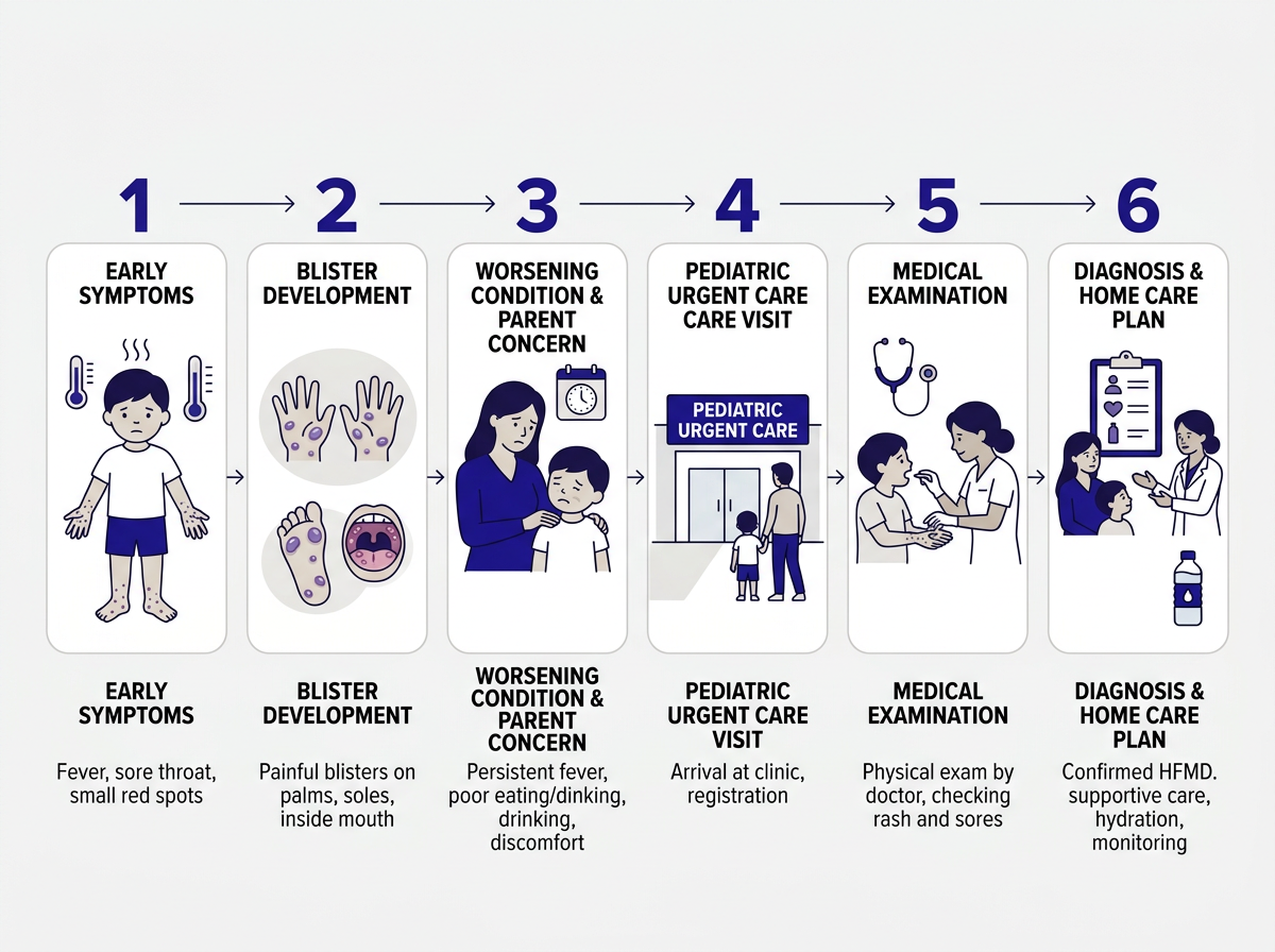 Hand foot mouth disease symptoms timeline by day: fever, mouth sores, blisters, recovery