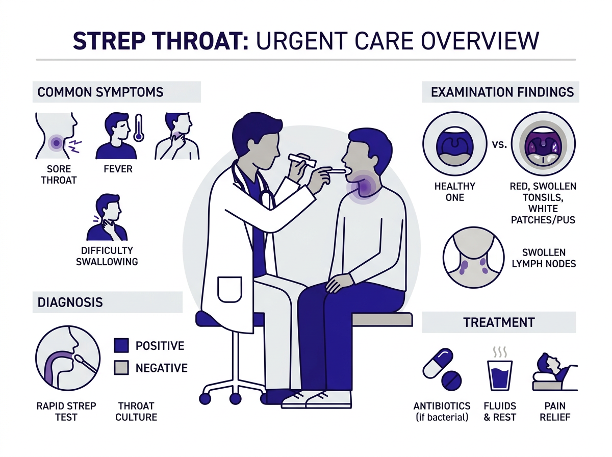 Checklist of strep throat symptoms in adults including fever, white patches, and swollen lymph nodes