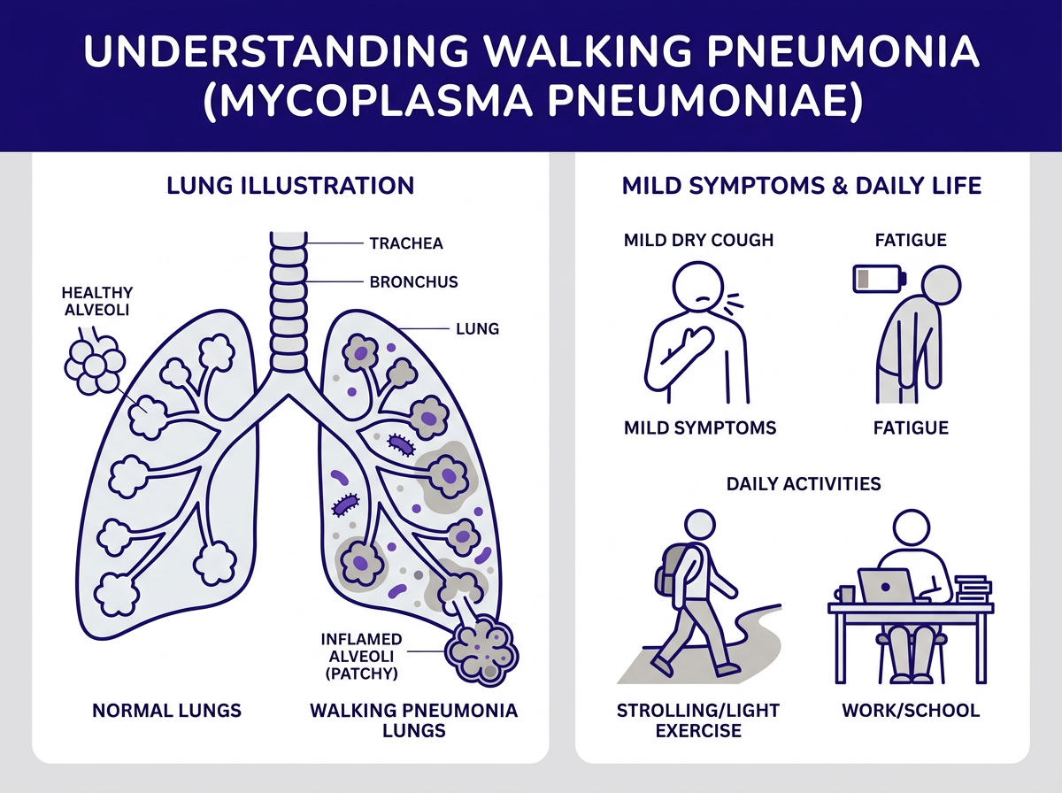 Walking pneumonia symptoms checklist: persistent cough, low-grade fever, fatigue, sore throat