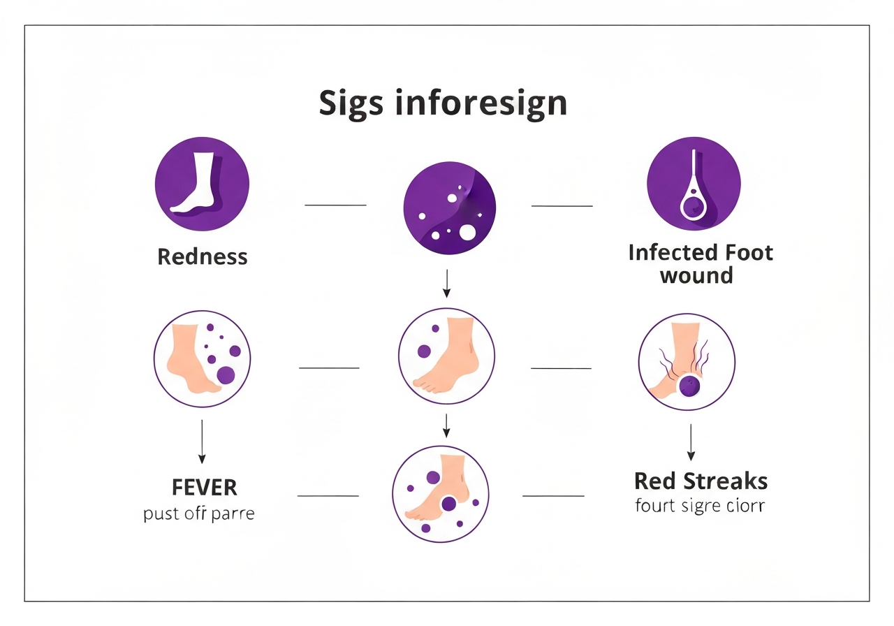Señales de infección en herida del pie: enrojecimiento, pus, fiebre