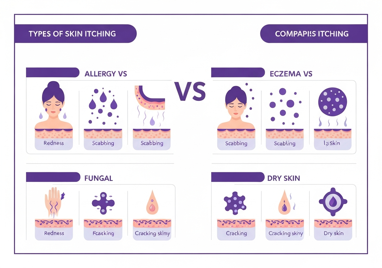 Comparación de tipos de picazón en la piel: alergia, eczema, hongos, piel seca