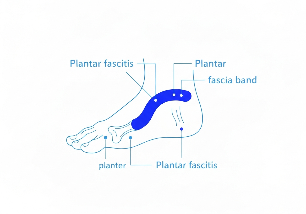 Plantar fasciitis anatomy diagram showing the plantar fascia band from heel to toes