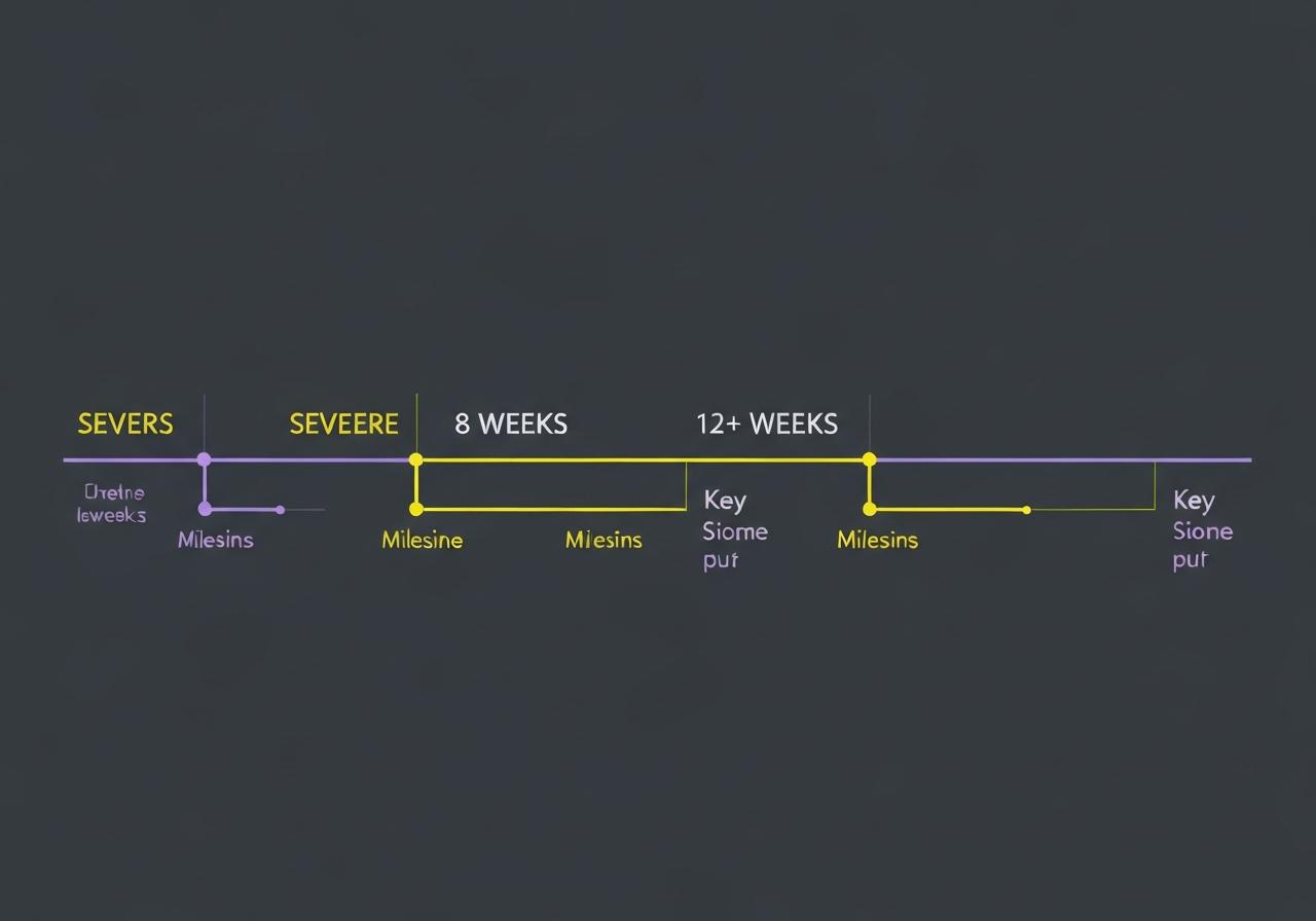 Whiplash recovery timeline: mild 2-4 weeks, moderate 6-12 weeks, severe longer
