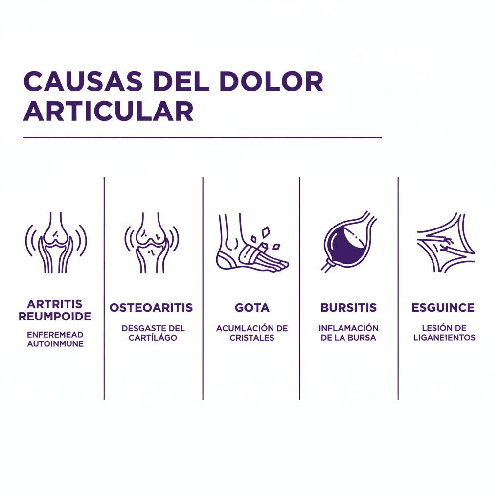 Causas comunes de dolor articular — artritis, esguince, gota y bursitis comparadas