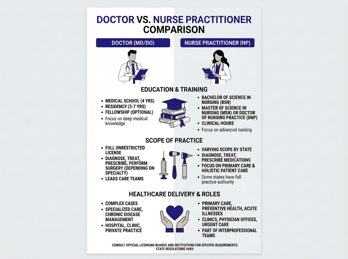 Doctor vs nurse practitioner education and training comparison infographic