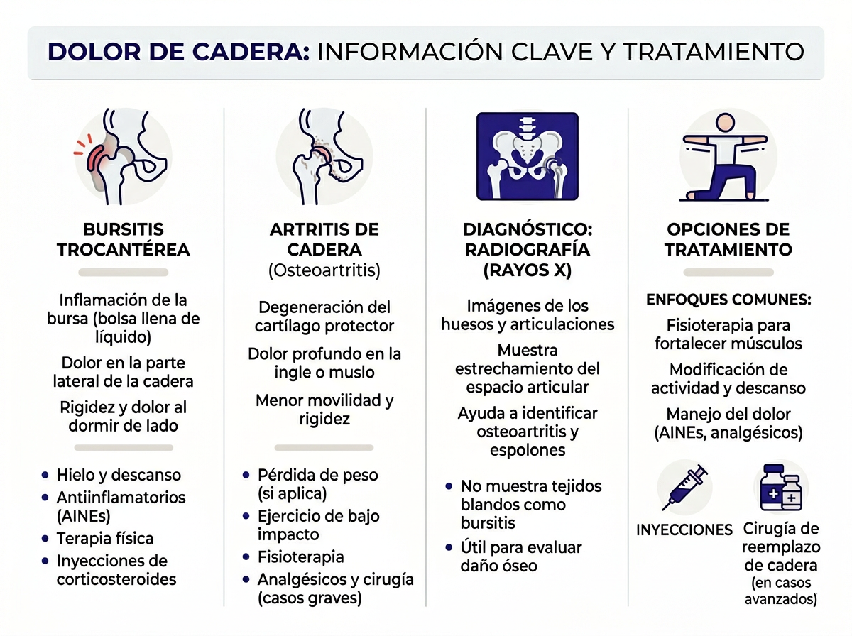 Infografía sobre dolor de cadera tratamiento - remedios caseros y cuándo ir al doctor