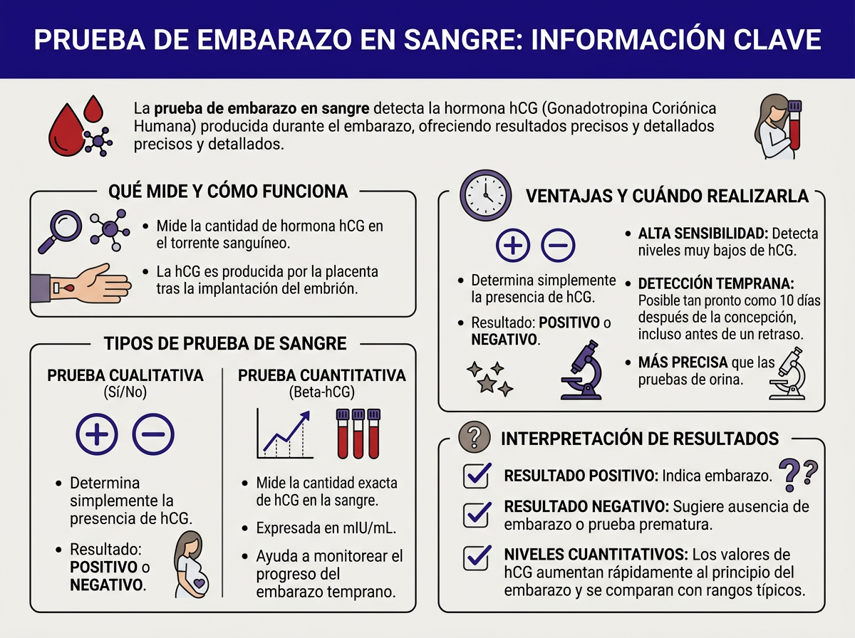 Infografía sobre la prueba de embarazo en sangre y la hormona hCG explicada en español