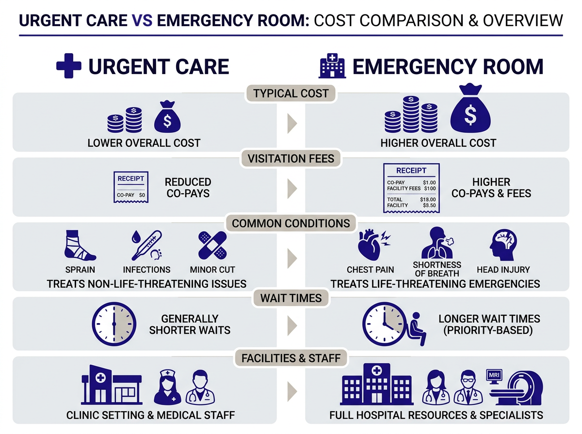 Infographic showing why is urgent care cheaper than ER due to hidden fees and facility charges