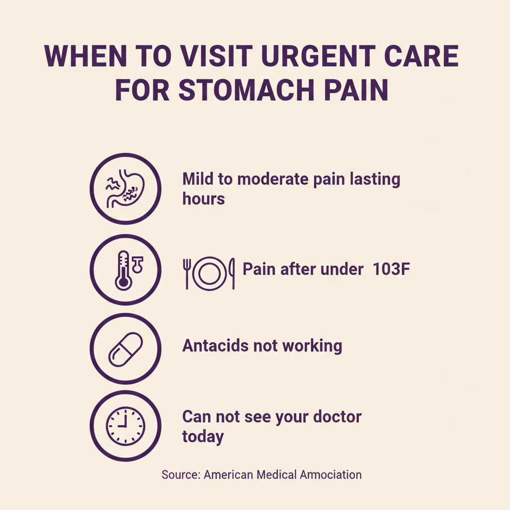 Infographic showing when to visit urgent care for stomach pain symptoms