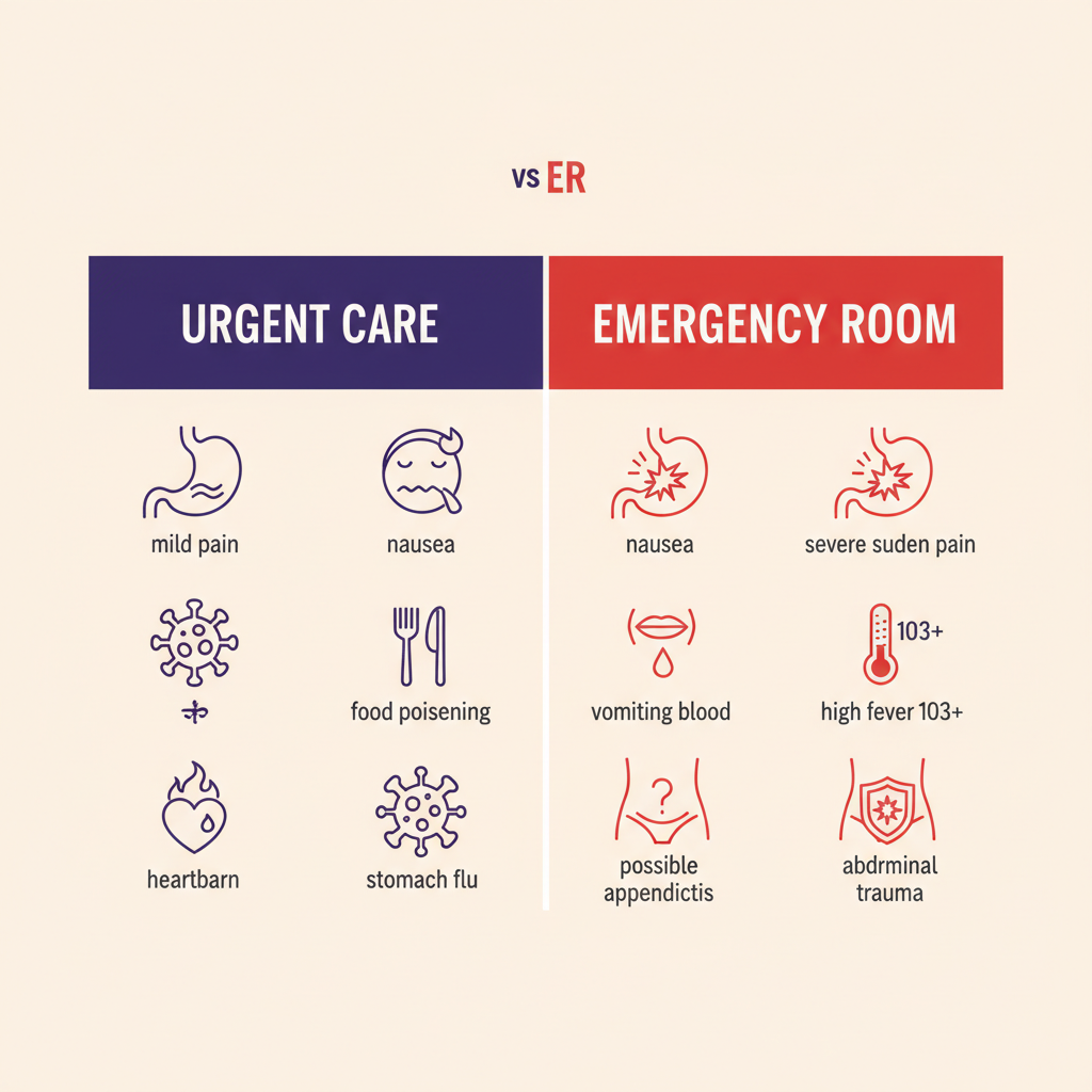 Comparison chart of urgent care vs emergency room for stomach pain