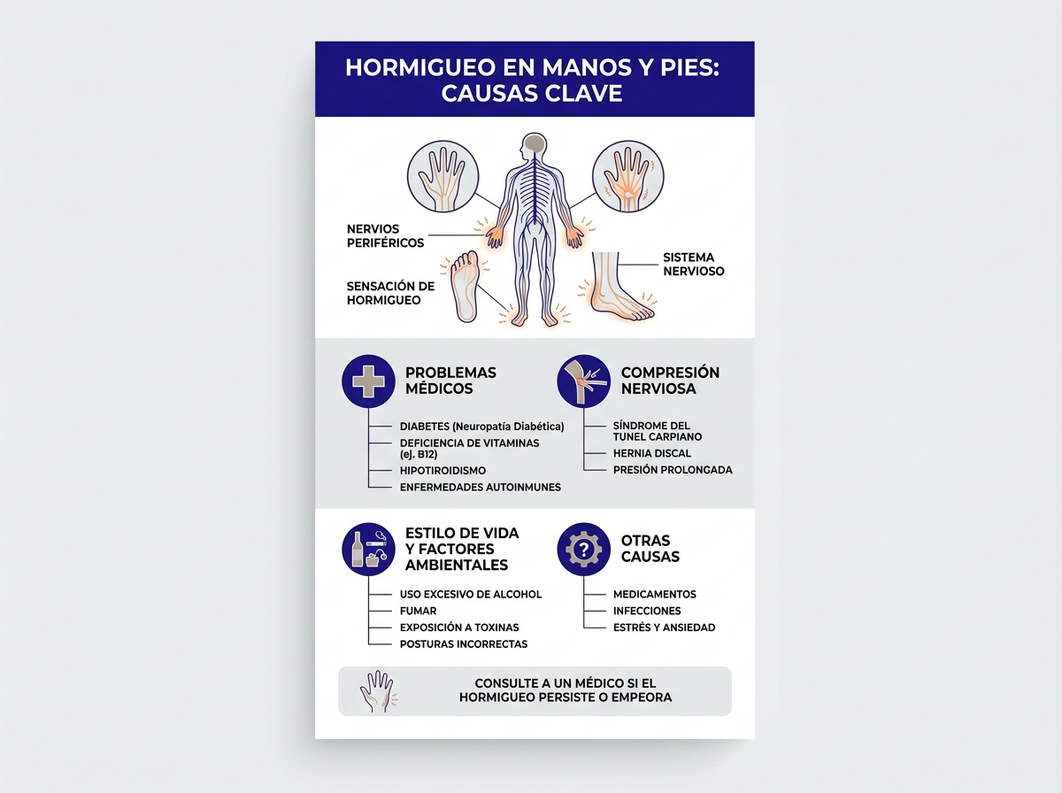 Infografía: causas del hormigueo en manos y pies — túnel carpiano, B12, diabetes
