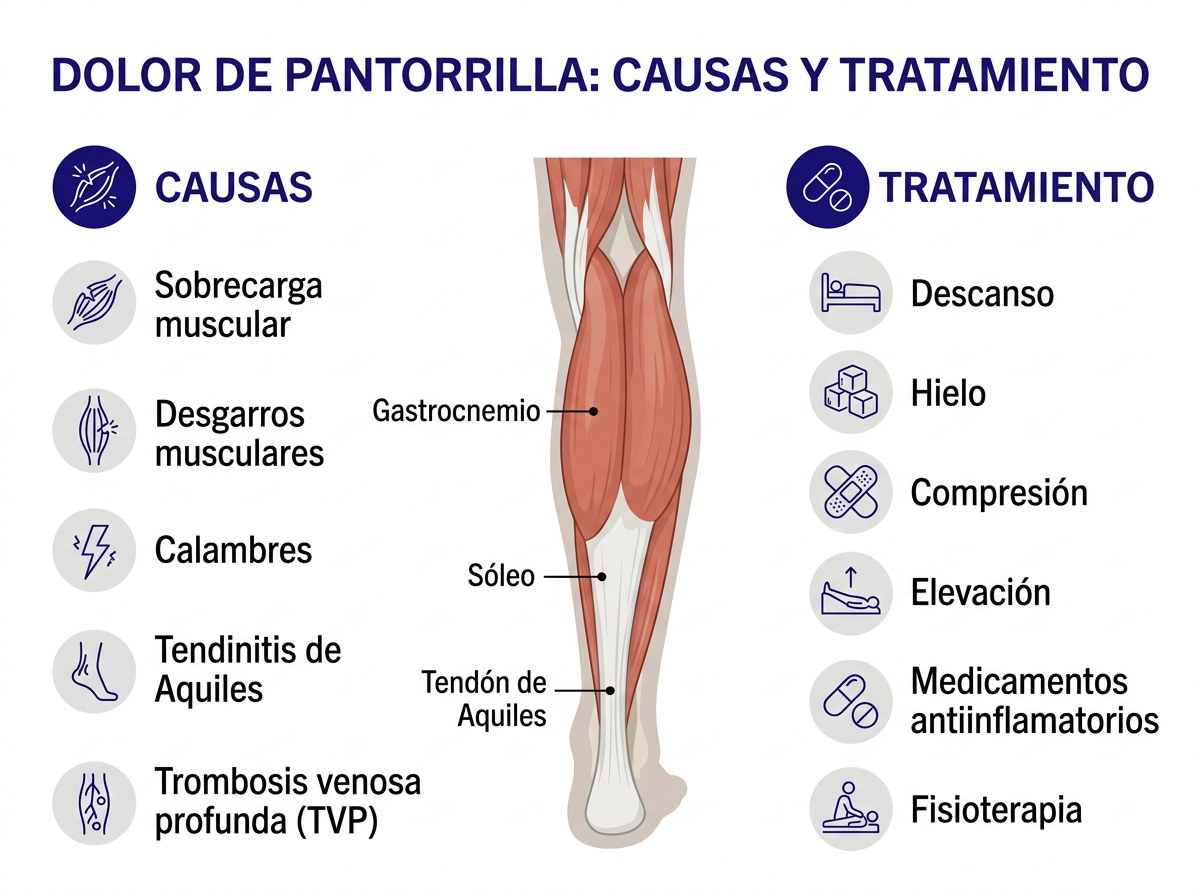 Infografía: causas comunes del dolor de pantorrilla — calambre, distensión, TVP