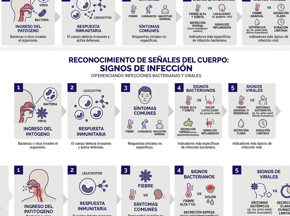 Infografía comparativa de síntomas por tipo de infección: piel, urinaria, respiratoria