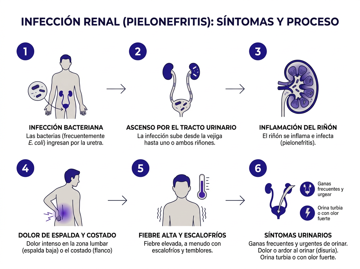 Infografía comparativa de síntomas UTI vs infección de riñón síntomas y diferencias